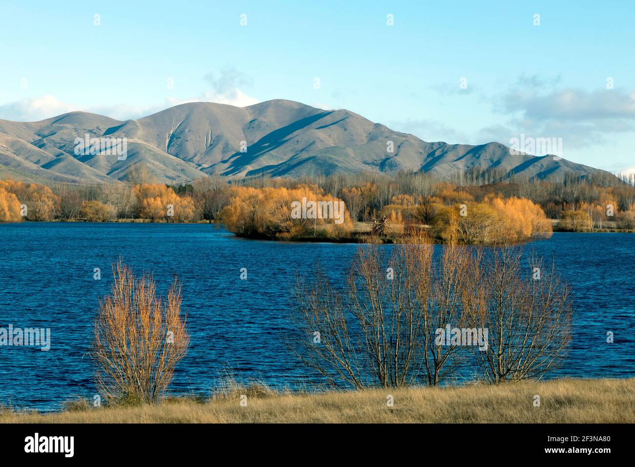 Vista al otro lado del brazo de Wairepo del lago Ruataniwha, Twizel, South Island, Nueva Zelanda Foto de stock