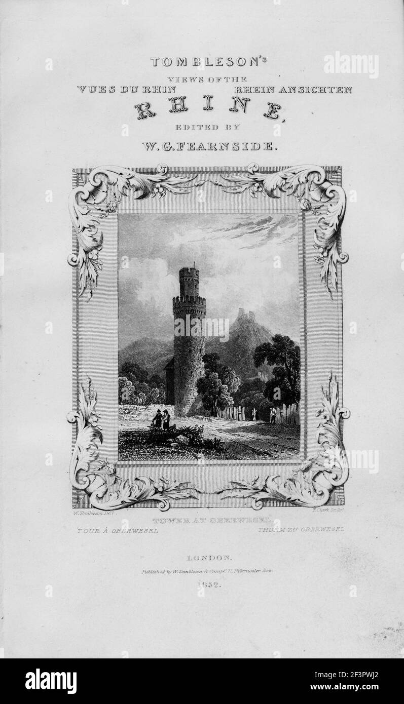 Tombleson´s vistas del Rin, Londres 1832, frontispiece, Torre en la ciudad de Oberwesel, Río Rin, Alemania, Acero grabado Foto de stock
