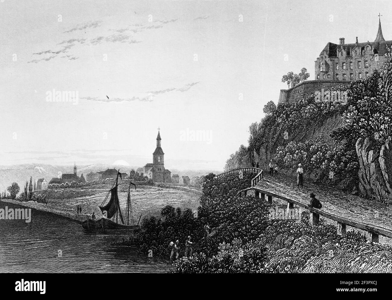 Remagen con San Apollinarisberg, Río Rin, Renania-Palatinado, Alemania, Acero grabado de 1832 Foto de stock