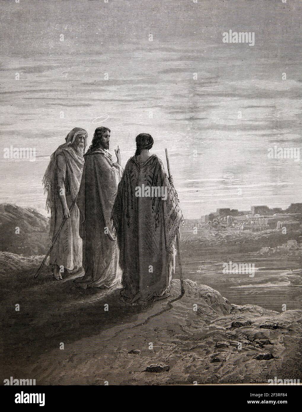 Historias Bíblicas - Ilustración 'Jesús y los discípulos van a Emaús del Nuevo Testamento Lucas 24:26-27 Foto de stock