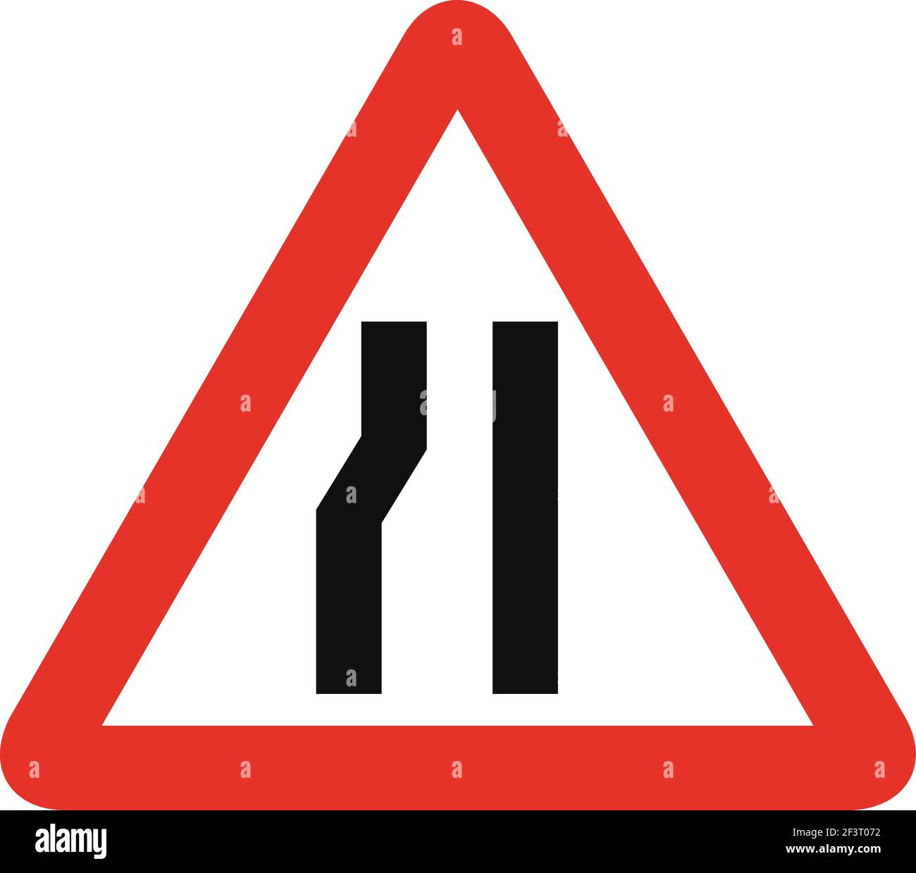 Señal de tráfico triangular en blanco y rojo, aislada sobre fondo blanco. Advertencia de carretera estrecha adelante en el lado izquierdo Ilustración del Vector