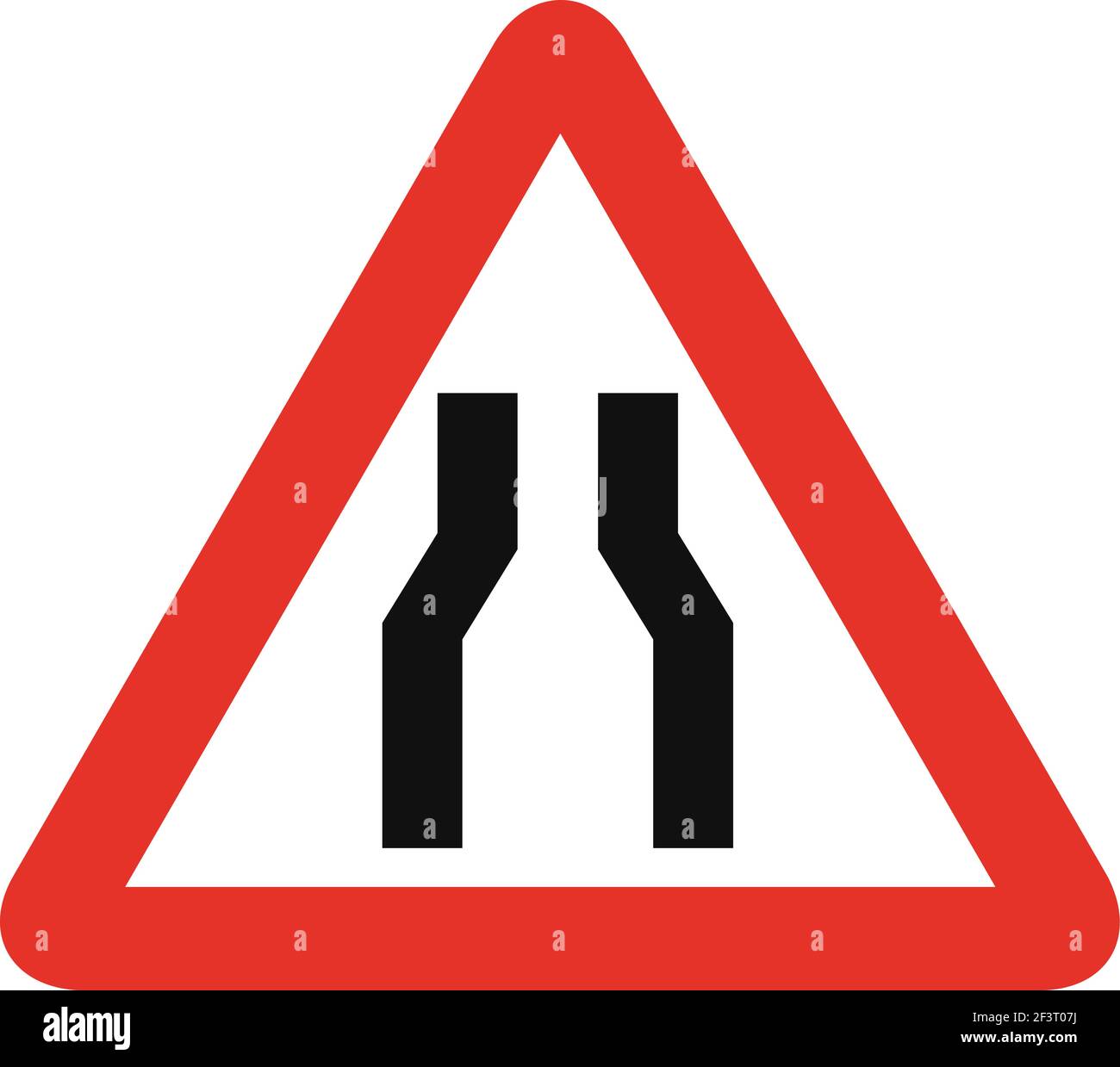 Señal de tráfico triangular en blanco y rojo, aislada sobre fondo blanco. Advertencia de carretera estrecha por delante Ilustración del Vector