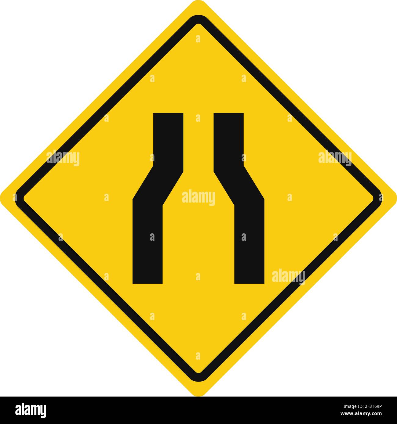 Señal de tráfico rhomboide en amarillo y negro, aislada sobre fondo blanco. Advertencia de carretera estrecha por delante Ilustración del Vector