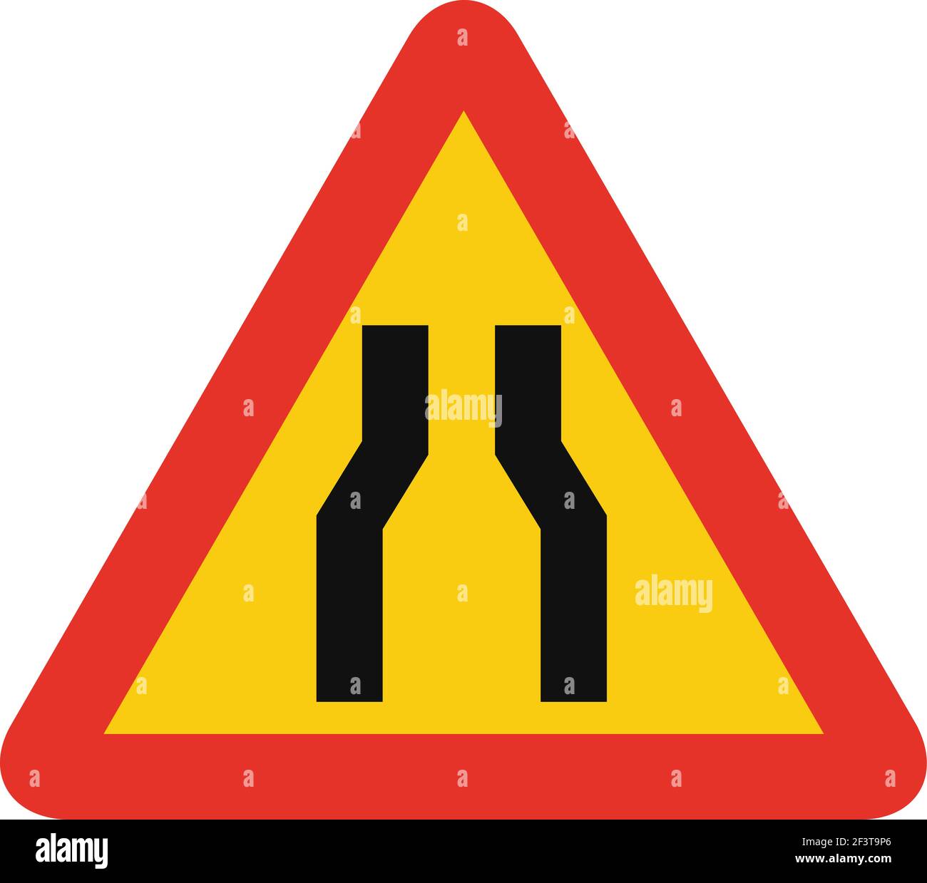 Señal de tráfico triangular en amarillo y rojo, aislada sobre fondo blanco. Aviso temporal de carretera estrecha por delante Ilustración del Vector