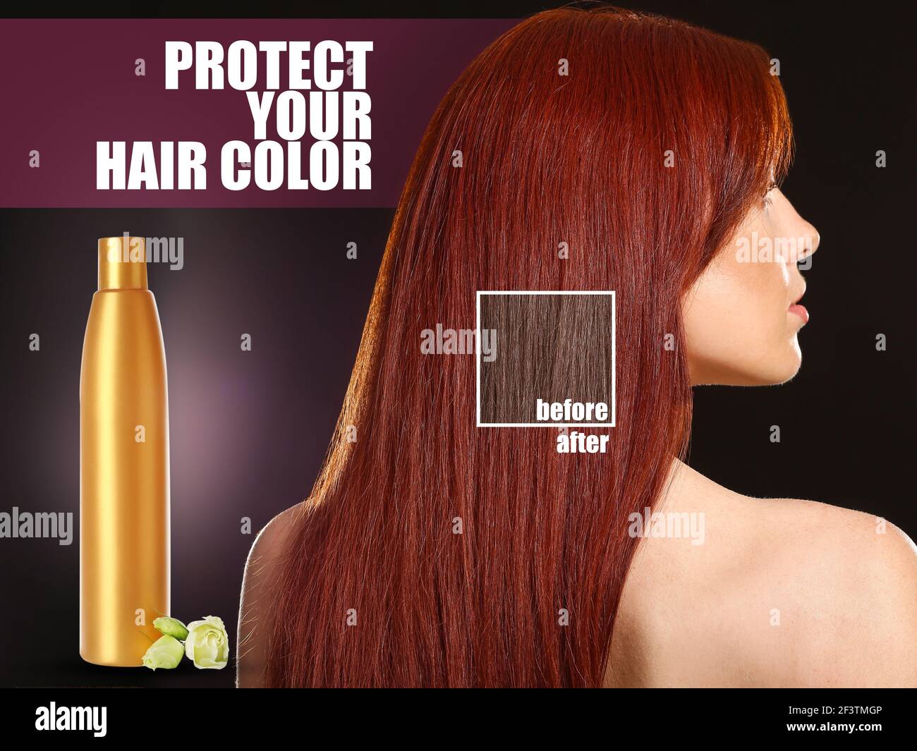 Hermosa mujer pelirroja antes y después de cuidarla cabello de color sobre  fondo oscuro Fotografía de stock - Alamy