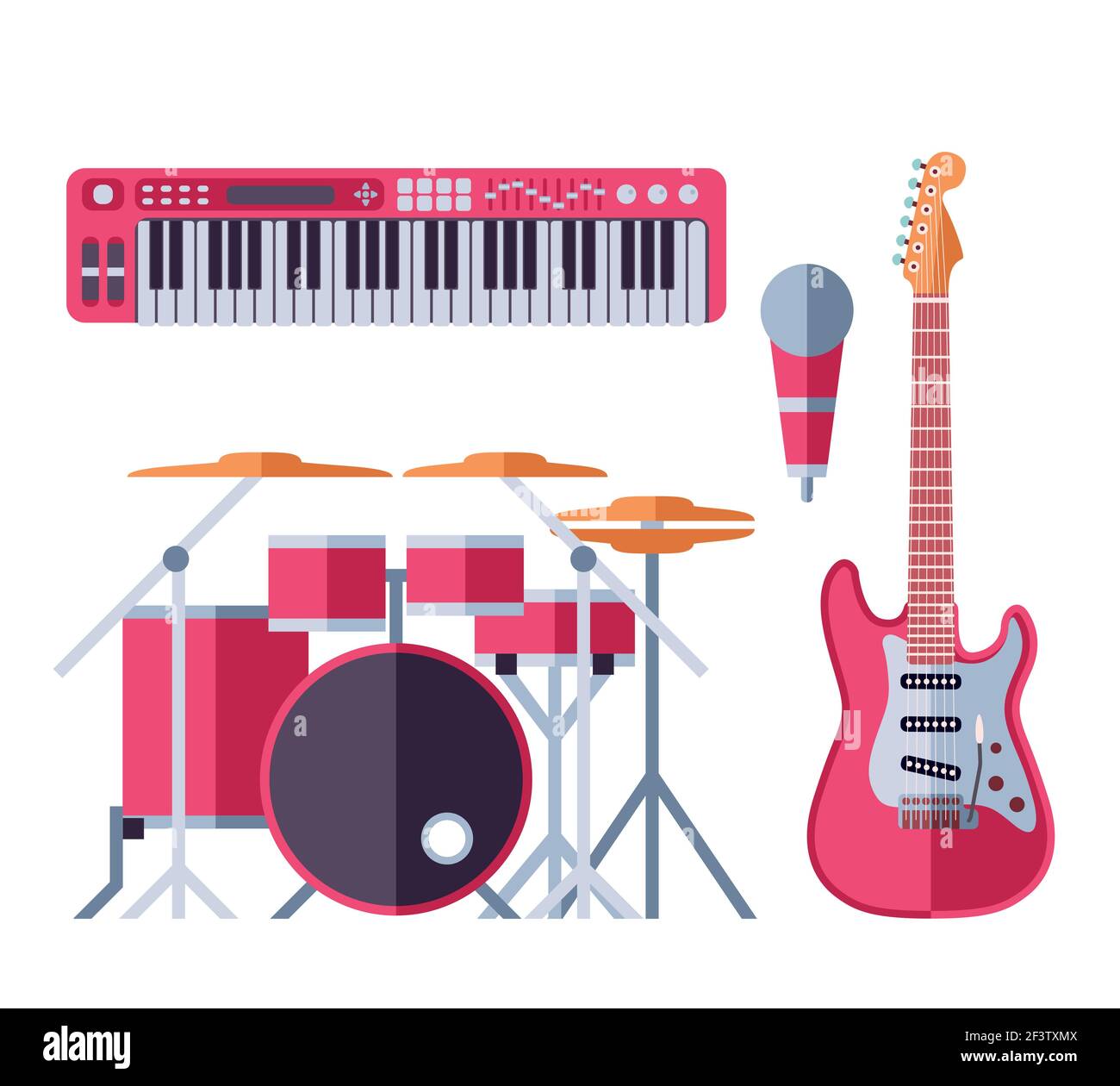 Vector instrumentos musicales iconos planos para el grupo musical.  Sintetizador de guitarra y tambor con micrófono para ilustración de banda  musical Imagen Vector de stock - Alamy