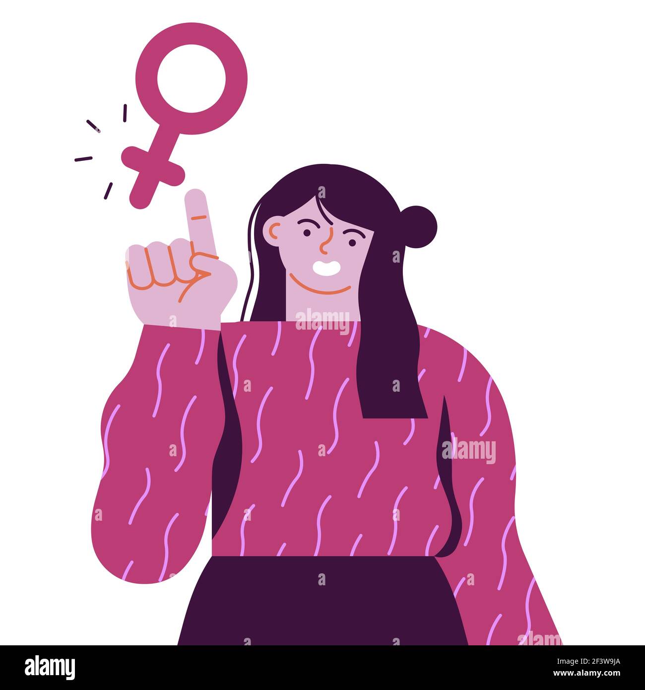 Mujer joven feliz vestida en rosa con símbolo femenino para los derechos de la mujer o el concepto de igualdad. Moderno personaje de dibujos animados planos sobre fondo aislado. Ilustración del Vector