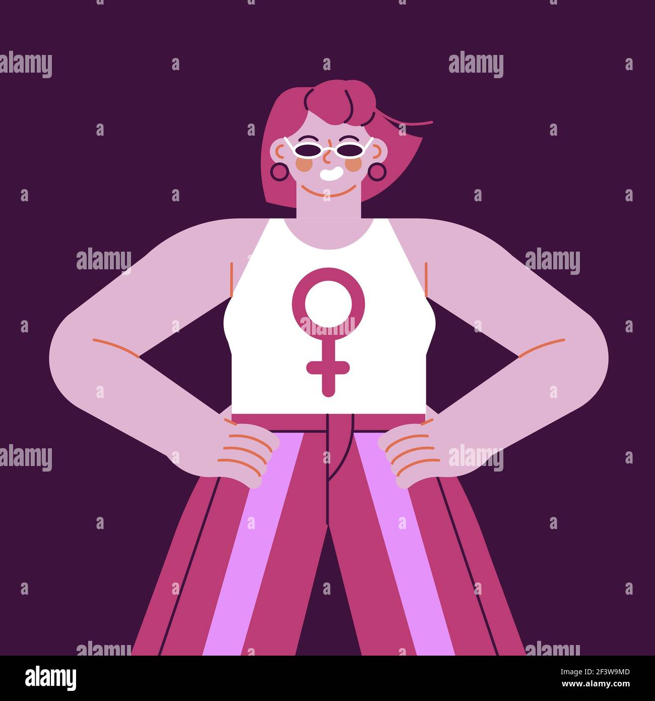 Mujer joven feliz vestida con un símbolo de mujer rosa para los derechos de la mujer o el concepto de igualdad. Moderno personaje de dibujos animados planos sobre fondo aislado. Ilustración del Vector