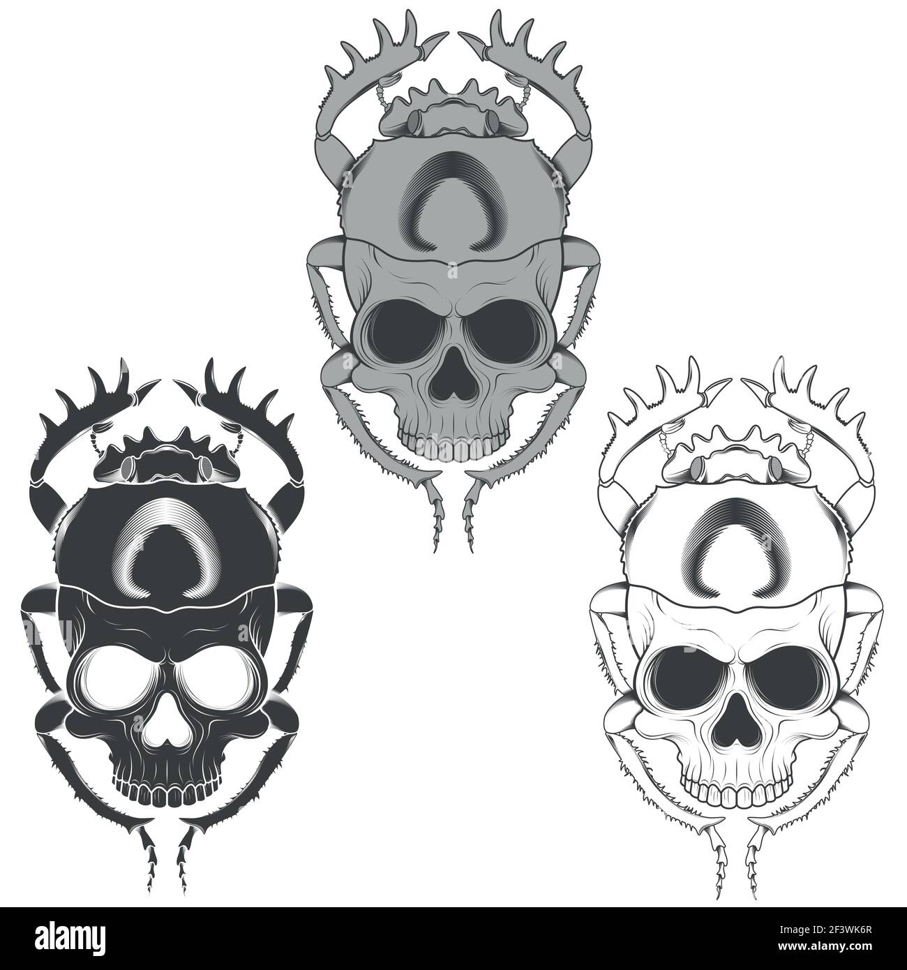 Silueta vectorial de escarabajo de miedo con cráneo, ilustración de escarabajo en forma de muerte, silueta blanca y negra Ilustración del Vector