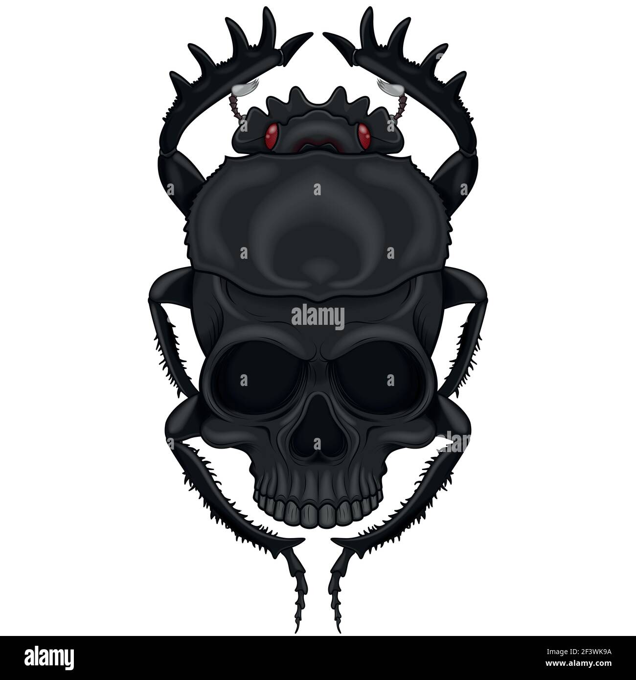 Diseño vectorial de escarabajo de miedo con cráneo, ilustración de escarabajo en forma de muerte Ilustración del Vector