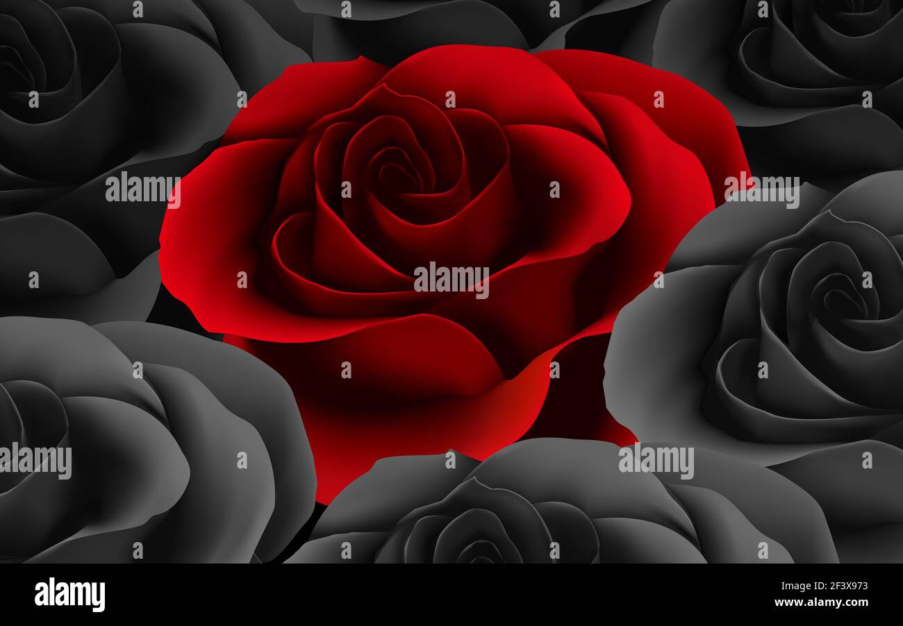 3d ilustración, gran rosa roja rodeada de rosas negras Fotografía de stock  - Alamy