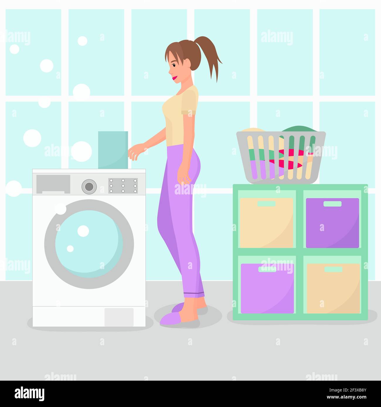 La chica lava las cosas, vector. Una mujer joven lava la ropa en casa en la  lavadora. Concepto, Baño Imagen Vector de stock - Alamy