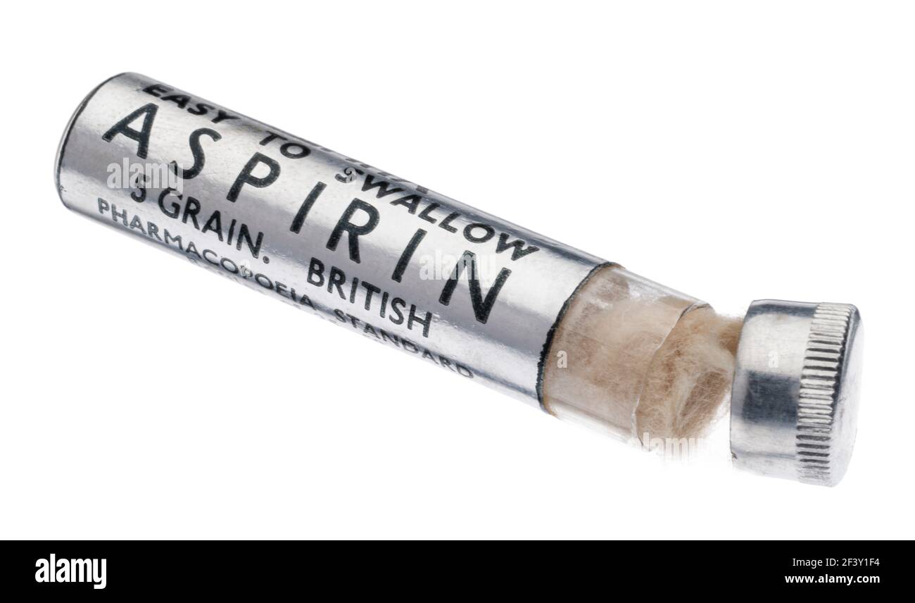 Un pequeño tubo de la aspirina británica de los años 1940. Foto de stock