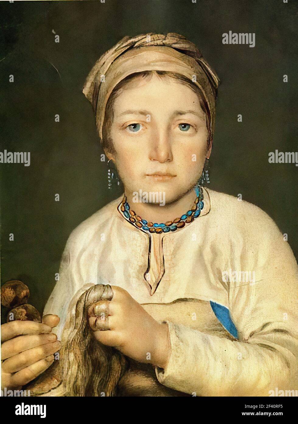 Alexeï Venetsianov - Mujer campesina peinando a Flax Anisia 1822 Foto de stock