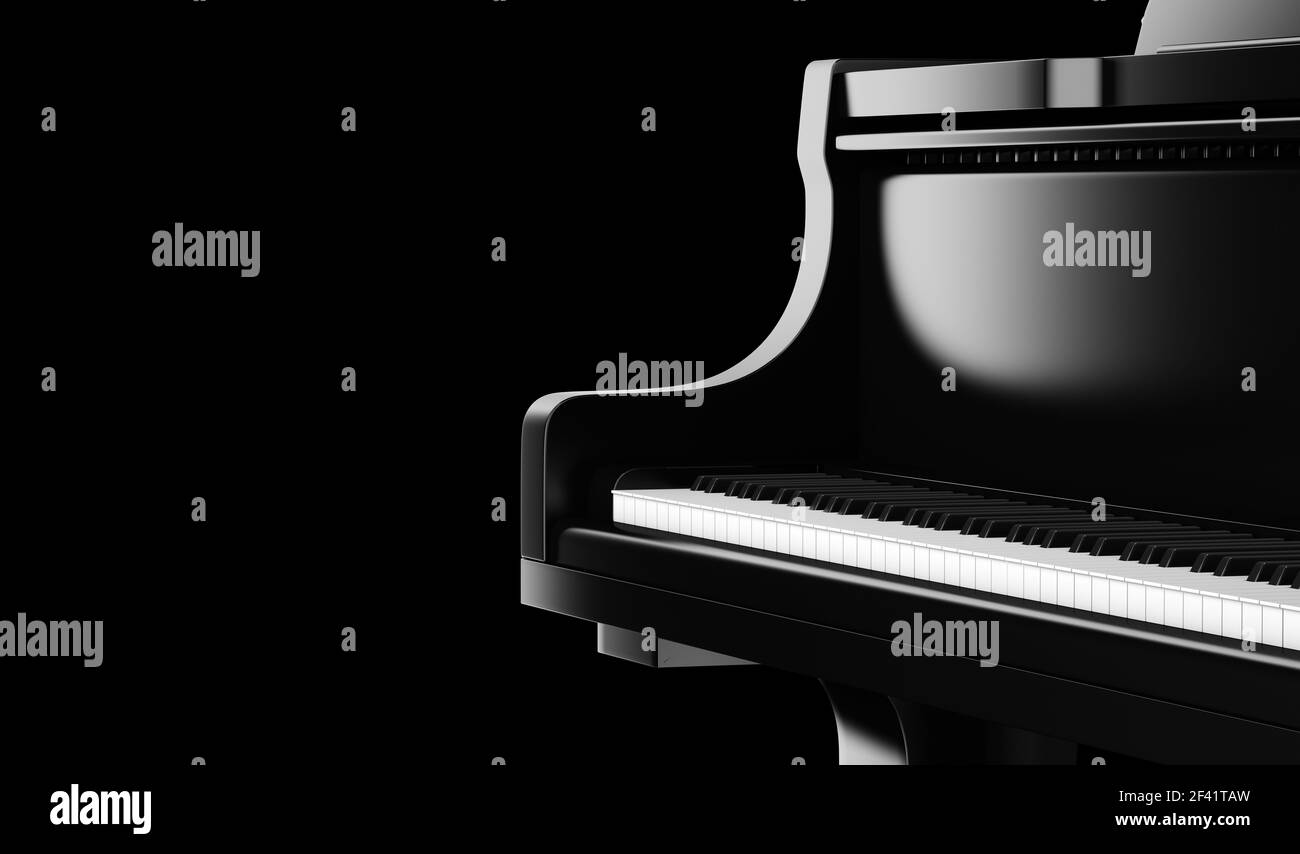 Closeup grand piano negro aislado sobre fondo negro. Ilustración 3d Foto de stock