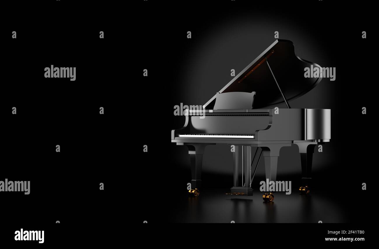 Grand piano negro aislado sobre fondo negro. Ilustración 3d Foto de stock