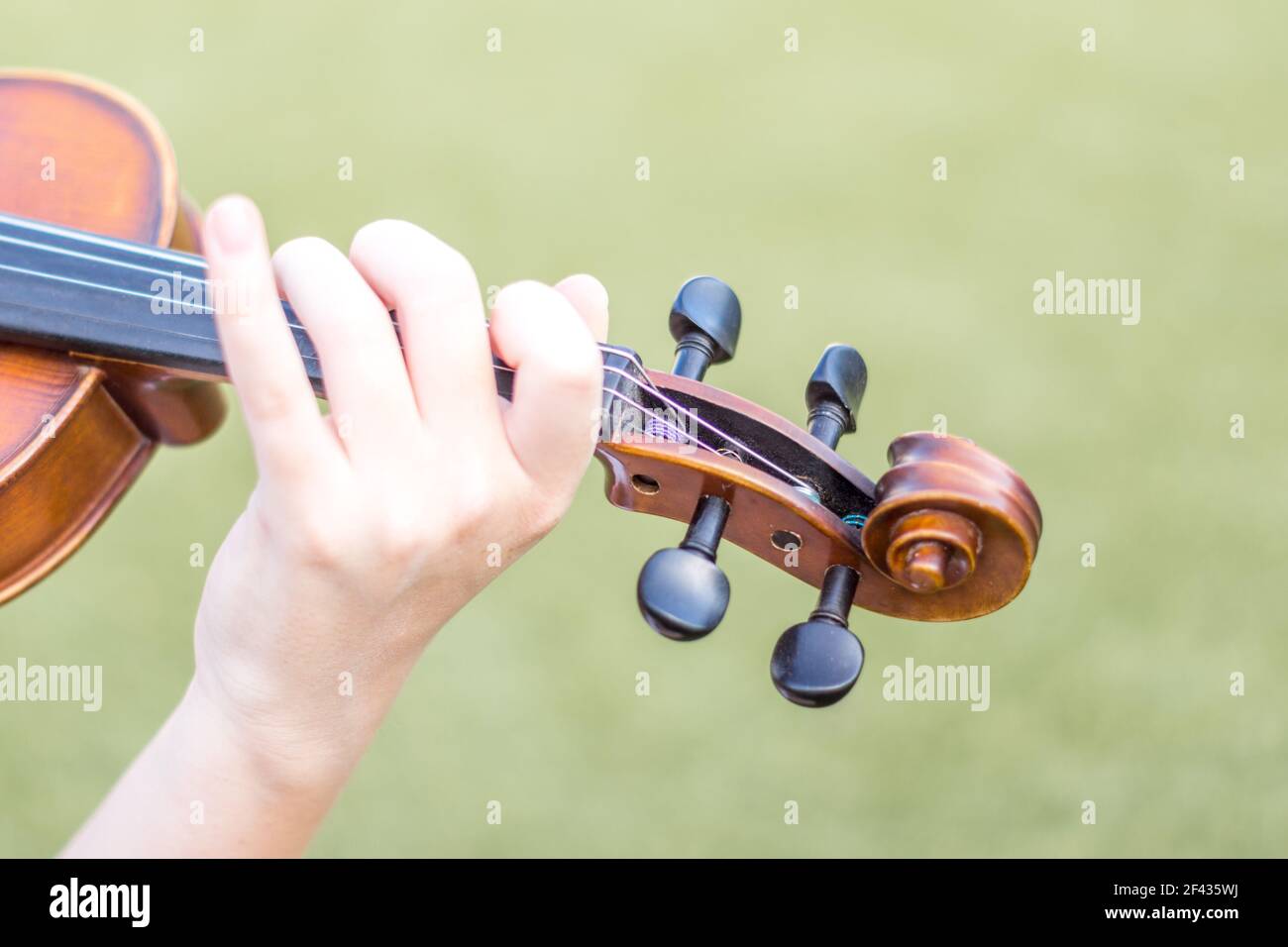 detalle del mástil de violín con la mano tocando en verde desenfocado  antecedentes Fotografía de stock - Alamy