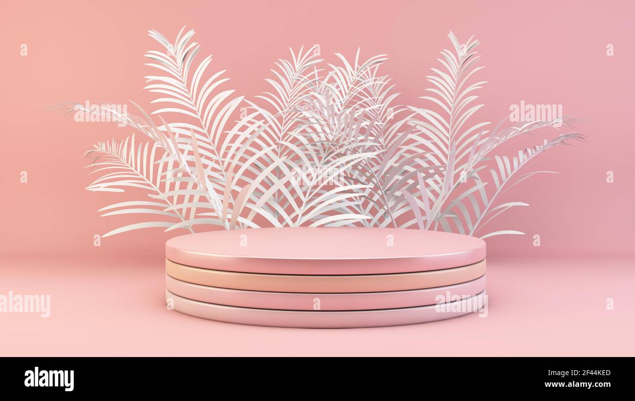 Podio rosa mínimo con hojas de palma 3D rendering Foto de stock