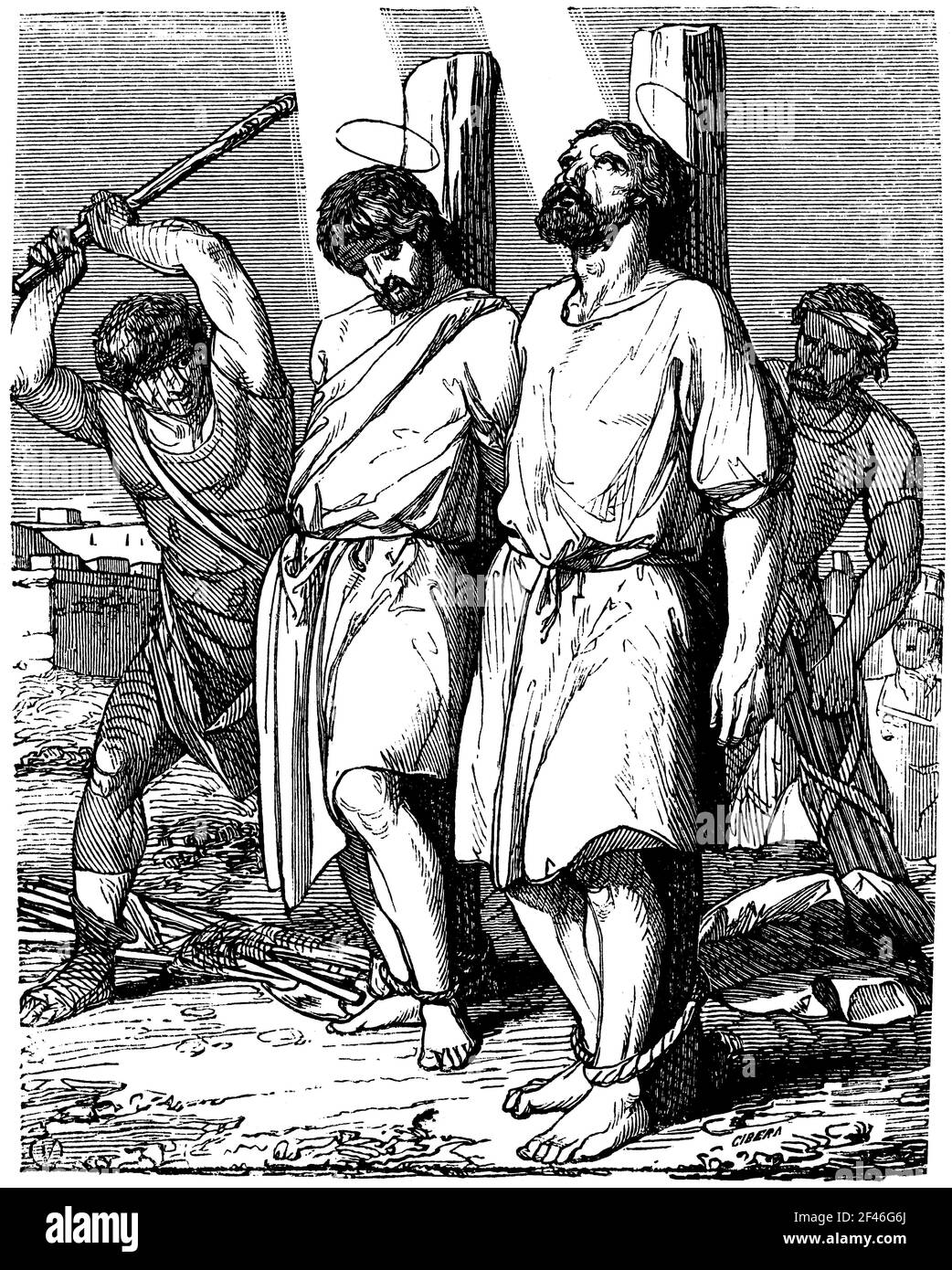 San Tiburcio (?-229) y San Valeriano (177-229), hermanos romanos, conjeturados por entérar los cuerpos de cristianos martirizados. Grabado de 1852. Foto de stock