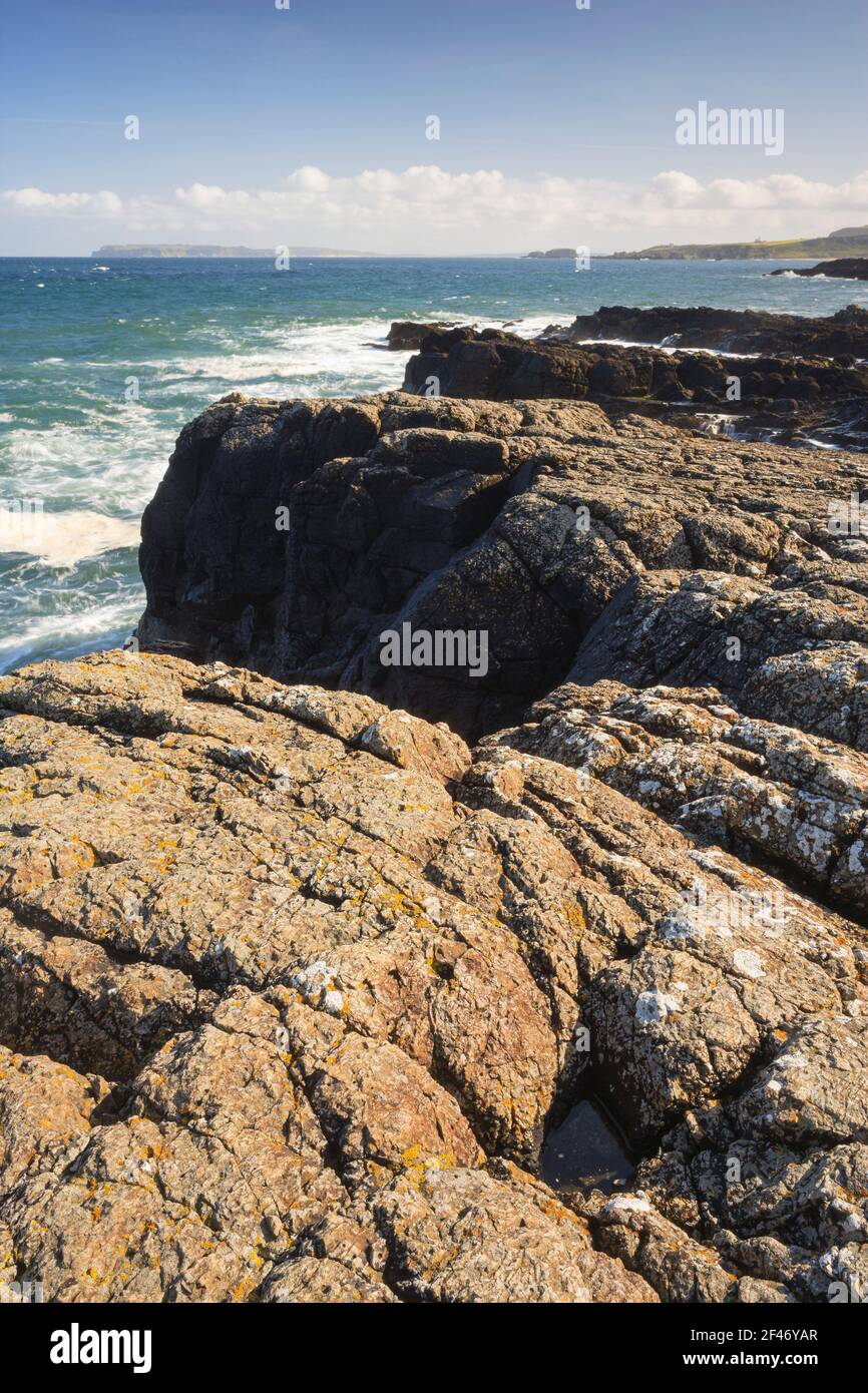 Las rocas en la costa de Dunseverick mirando hacia las islas Sheep y Rathlin, condado de Antrim, Irlanda del Norte Foto de stock