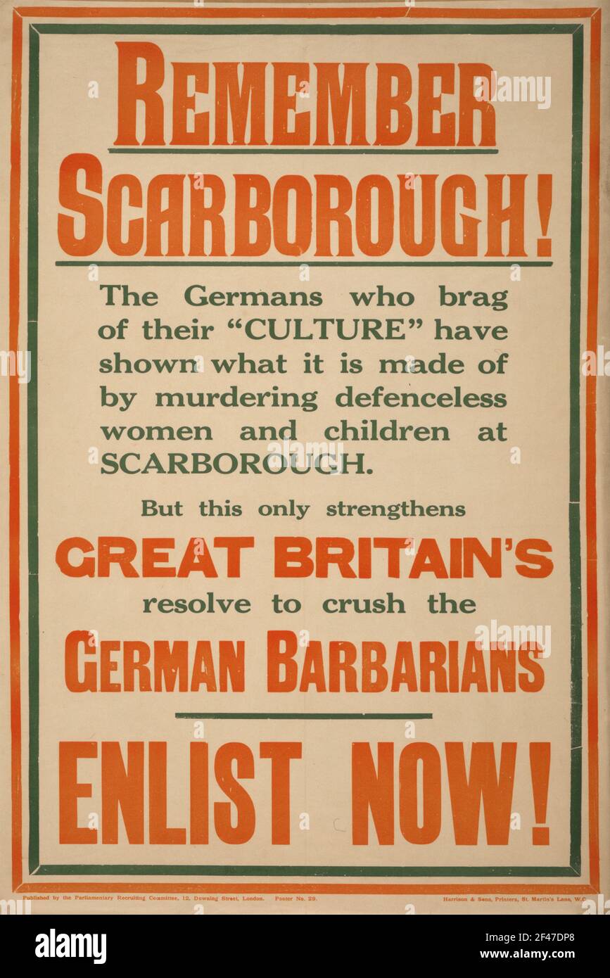 Un primer cartel de reclutamiento de la guerra mundial diciendo Remember Scarborough Foto de stock
