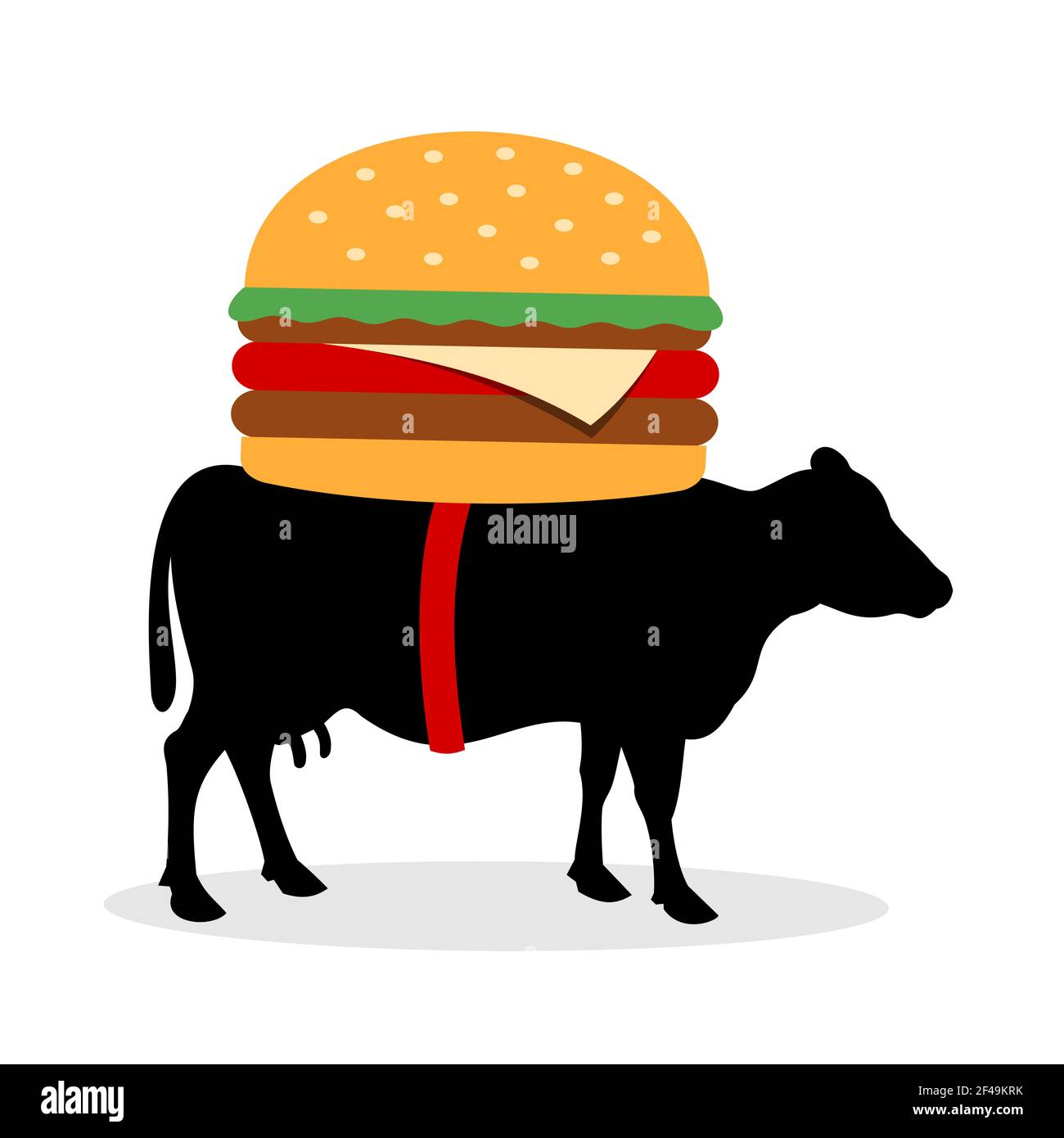 Cow está llevando hamburguesa en la espalda. Animales y alimentos con carne como producto de la industria alimentaria. Ilustración vectorial aislada sobre blanco. Foto de stock