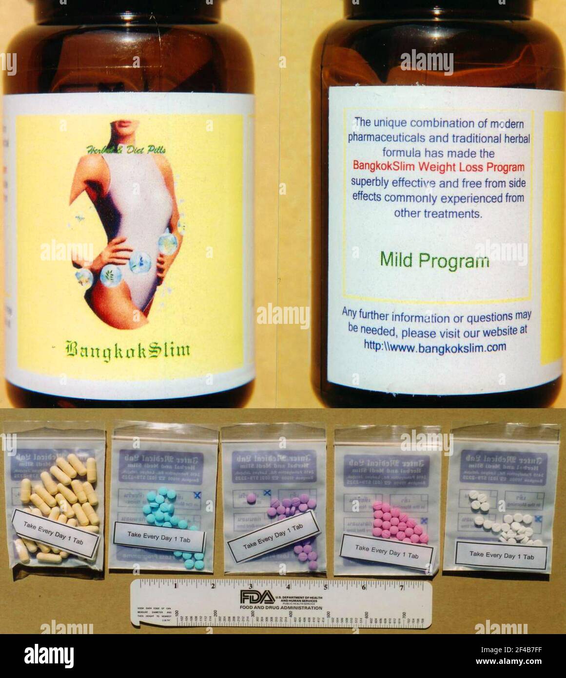En 2000 un fabricante tailandés comenzó a vender como suplementos dietéticos píldoras de dieta con drogas potentes pero sin etiquetar, incluyendo fenfluramina y fentermina, y la FDA finalmente añadió este y productos similares a una alerta de importación. Foto de stock