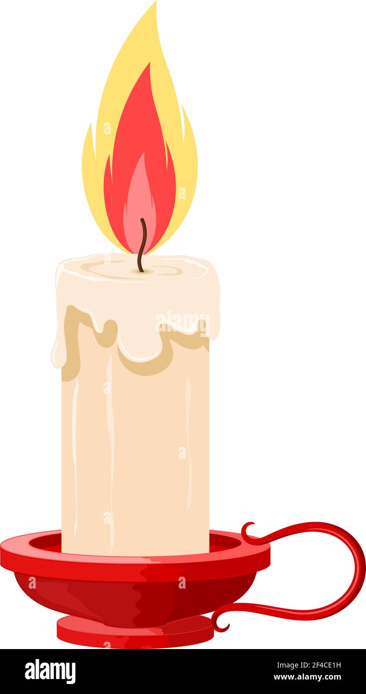 Ilustración vectorial de una vela ardiente en un soporte sobre un fondo  blanco. Vela de dibujos animados con la llama en el soporte rojo. Objeto  aislado. Vela de época Imagen Vector de