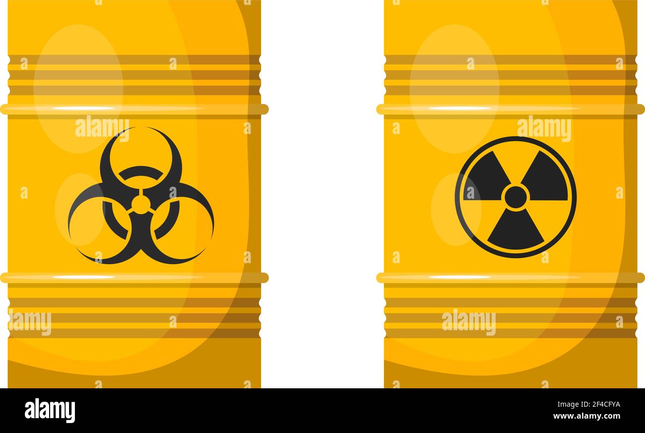 Ilustración vectorial de dos barriles de metal amarillo con señales negras de radiación y peligro bacteriológico en el lado. Objeto aislado. Barriles de color amarillo brillante con contenido peligroso Ilustración del Vector