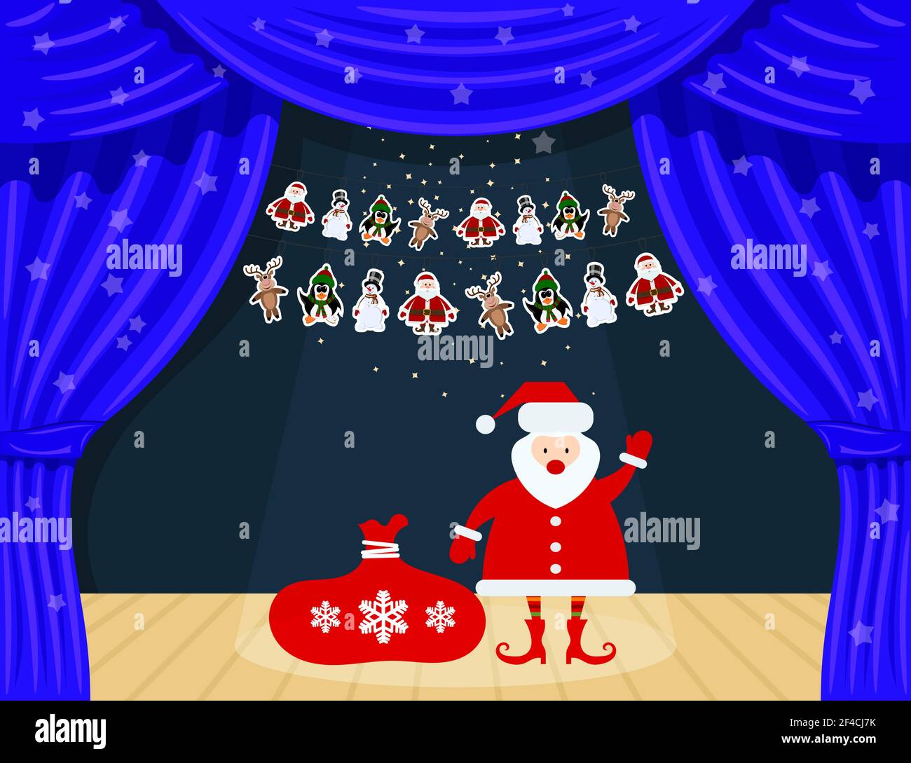 Teatro Blue Cartoon. Cortina de teatro con rayos de luz, estrellas y guirnaldas con Santa Claus. Abra la cortina del teatro. Escenas laterales de seda azul en el escenario. Vector de stock Ilustración del Vector