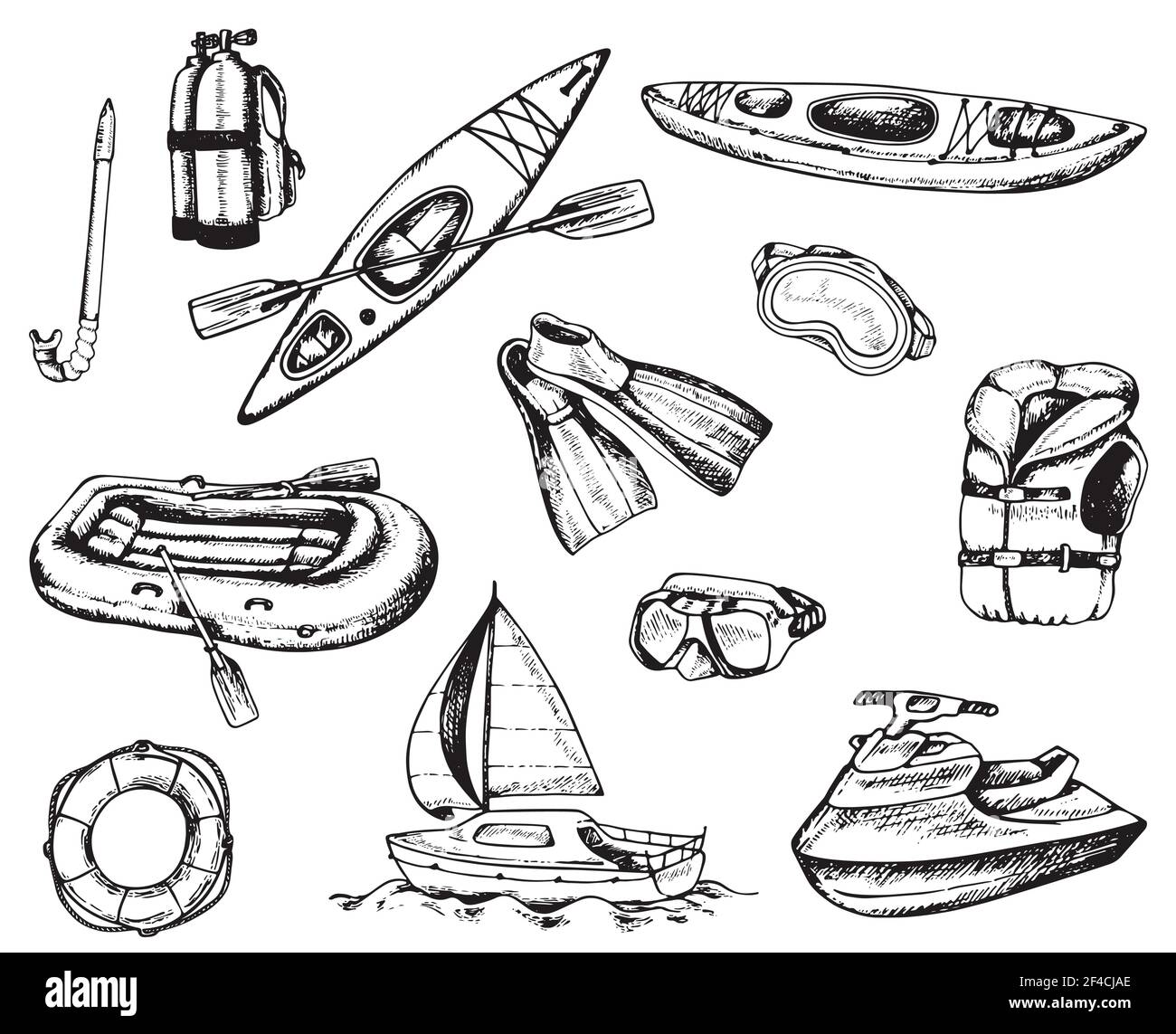 Deportes acuáticos y los iconos de viajes. Conjunto de vectores dibujados a mano kayak, buceo y rafting inventario Ilustración del Vector