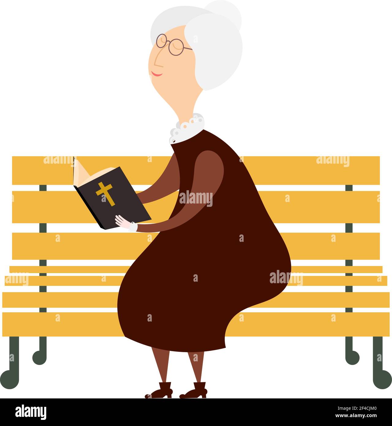 Venerable anciana en un banco del parque leyendo una biblia. El símbolo de la vejez y la religiosidad. Ilustración de vector de acciones Ilustración del Vector