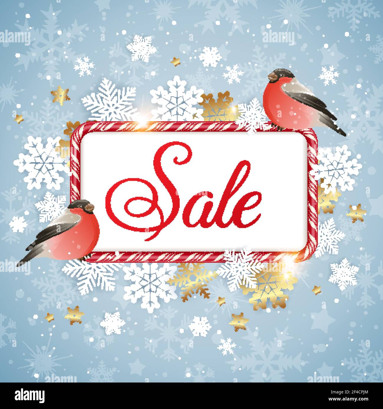 Navidad y año de Ney fondo con aves bullfinch y marco de caramelo. Fondo de venta estacional de invierno. Ilustración vectorial Ilustración del Vector