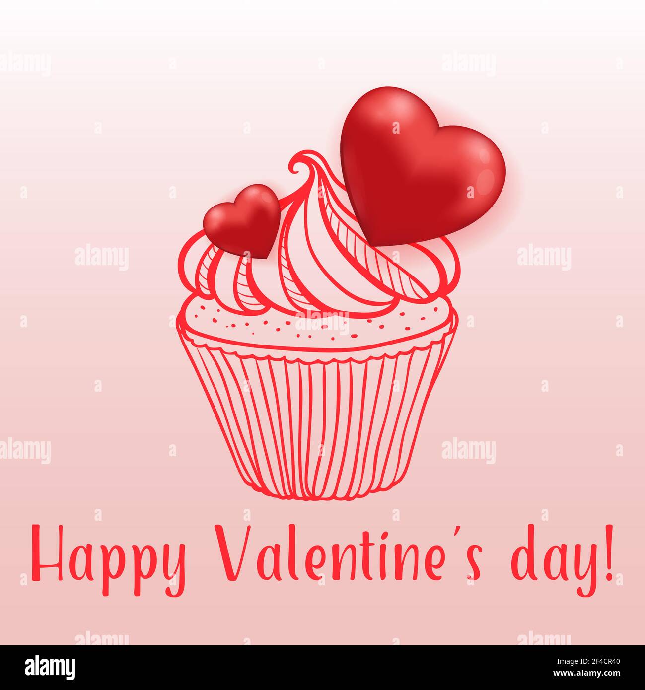 Pastel dulce con corazones rojos sobre fondo rosa. Tarjeta de felicitación para el día de San Valentín. Ilustración vectorial dibujada a mano. Ilustración del Vector