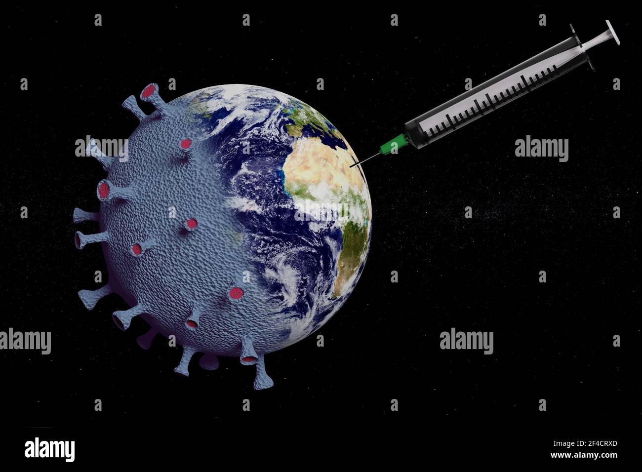 El planeta Tierra con forma de coronavirus recupera su apariencia normal después de ser vacunado. 3d ilustración. Foto de stock