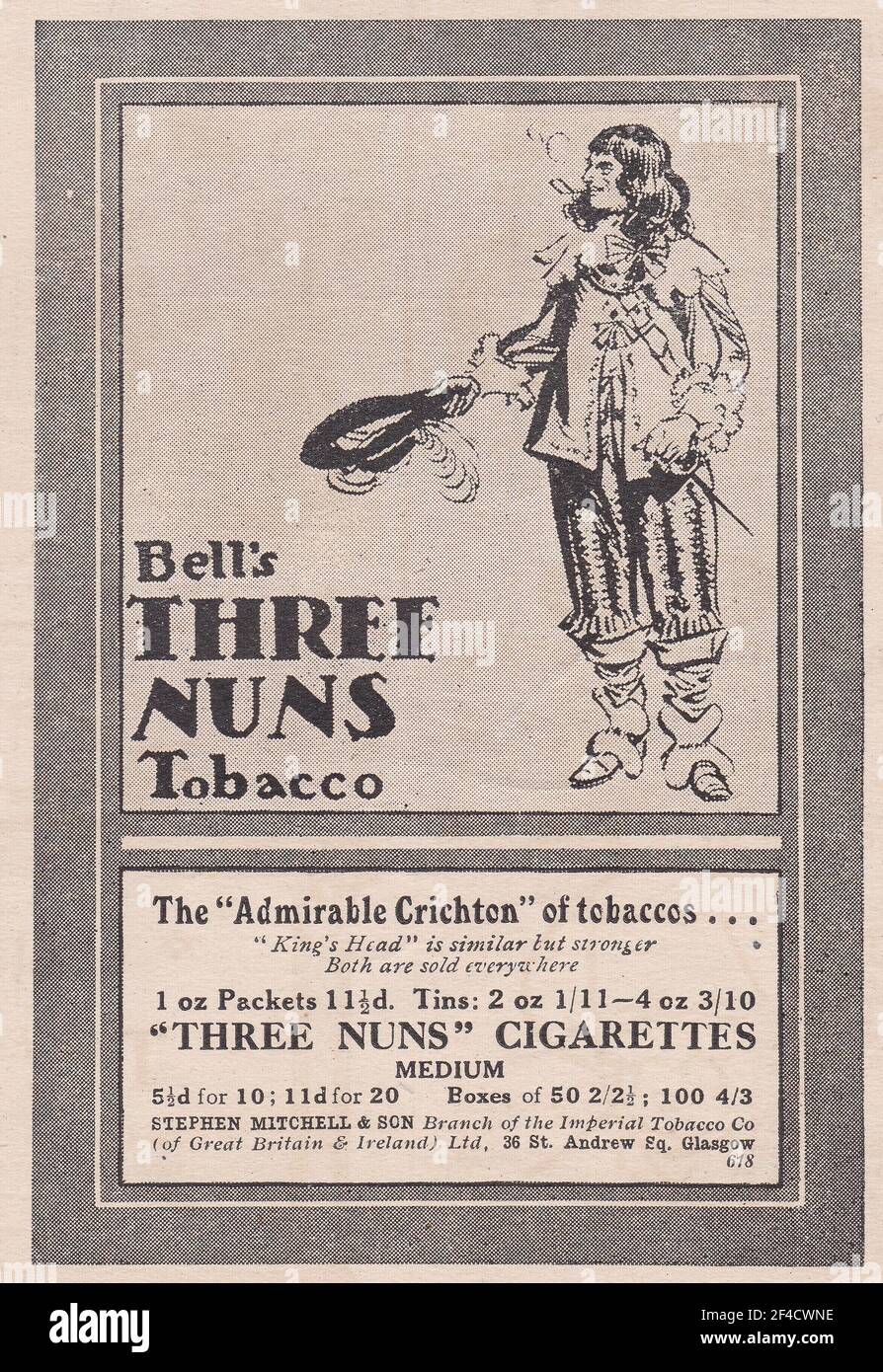 Anuncio vintage de los cigarrillos de tabaco de las tres Nun de Bell por Stephen Mitchell & son / Imperial Tobacco Co Foto de stock