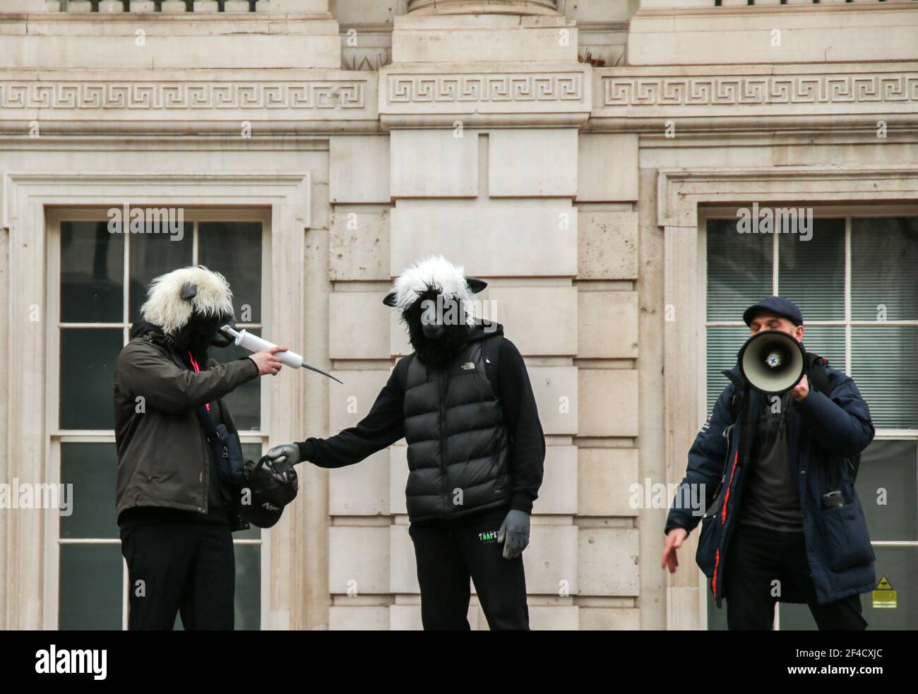 Londres Reino Unido 20 de marzo de 2021 dos manifestantes disfrazados de ovejas, se vacunaron entre sí, para decir: "Sed ovejas y obedecen al gobierno y vacunan". Paul Quezada-Neiman/Alamy Live News Foto de stock
