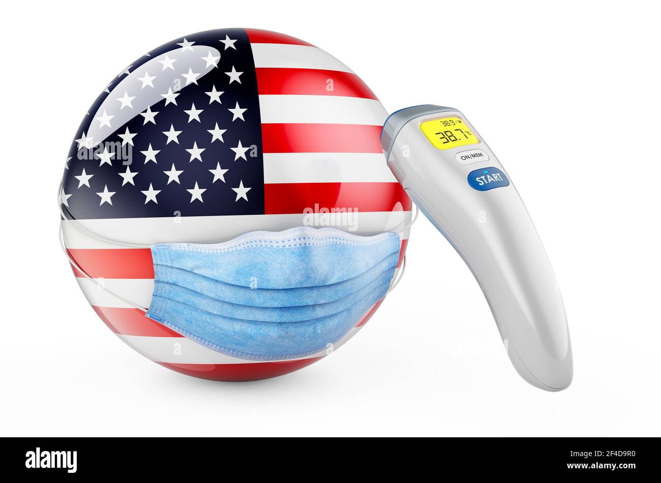 La bandera de los Estados Unidos con máscara médica y termómetro  electrónico infrarrojo. Concepto de pandemia en los Estados Unidos, 3D  dejando aislado sobre fondo blanco Fotografía de stock - Alamy
