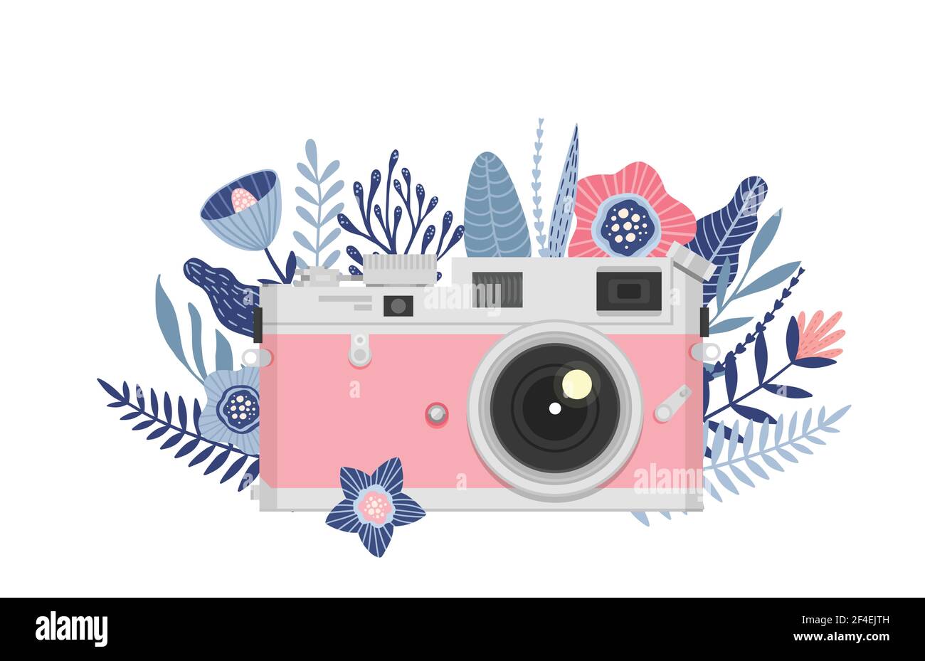 Icono de cámara retro de dibujos animados para historias de instagram,  estampado de camiseta, pegatinas, tarjetas, carteles. Cámara fotográfica  colorida con flores y hojas rosadas. Mano Imagen Vector de stock - Alamy