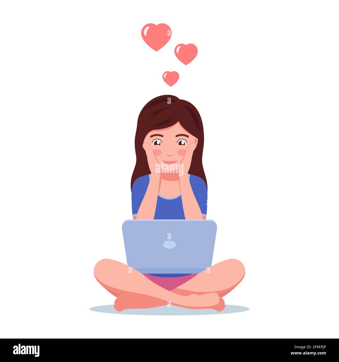 Chica enamorada se sienta en el suelo con un ordenador portátil. Vector ilustración hermosa niña charlando en su ordenador portátil con amante, aislada sobre un fondo blanco Ilustración del Vector
