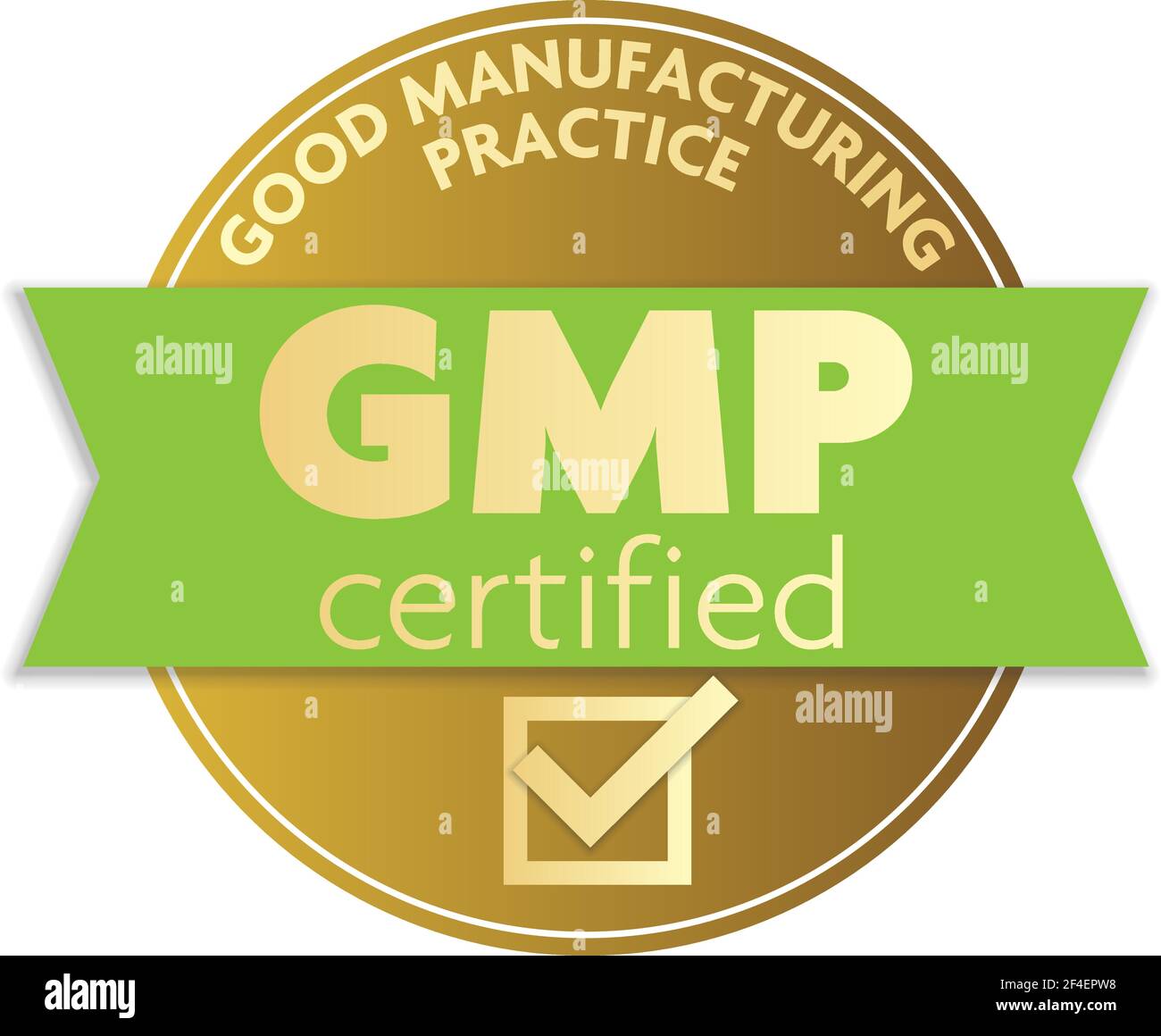 Etiqueta o distintivo de certificador GMP DE BUENA PRÁCTICA DE FABRICACIÓN de color dorado ilustración vectorial Ilustración del Vector