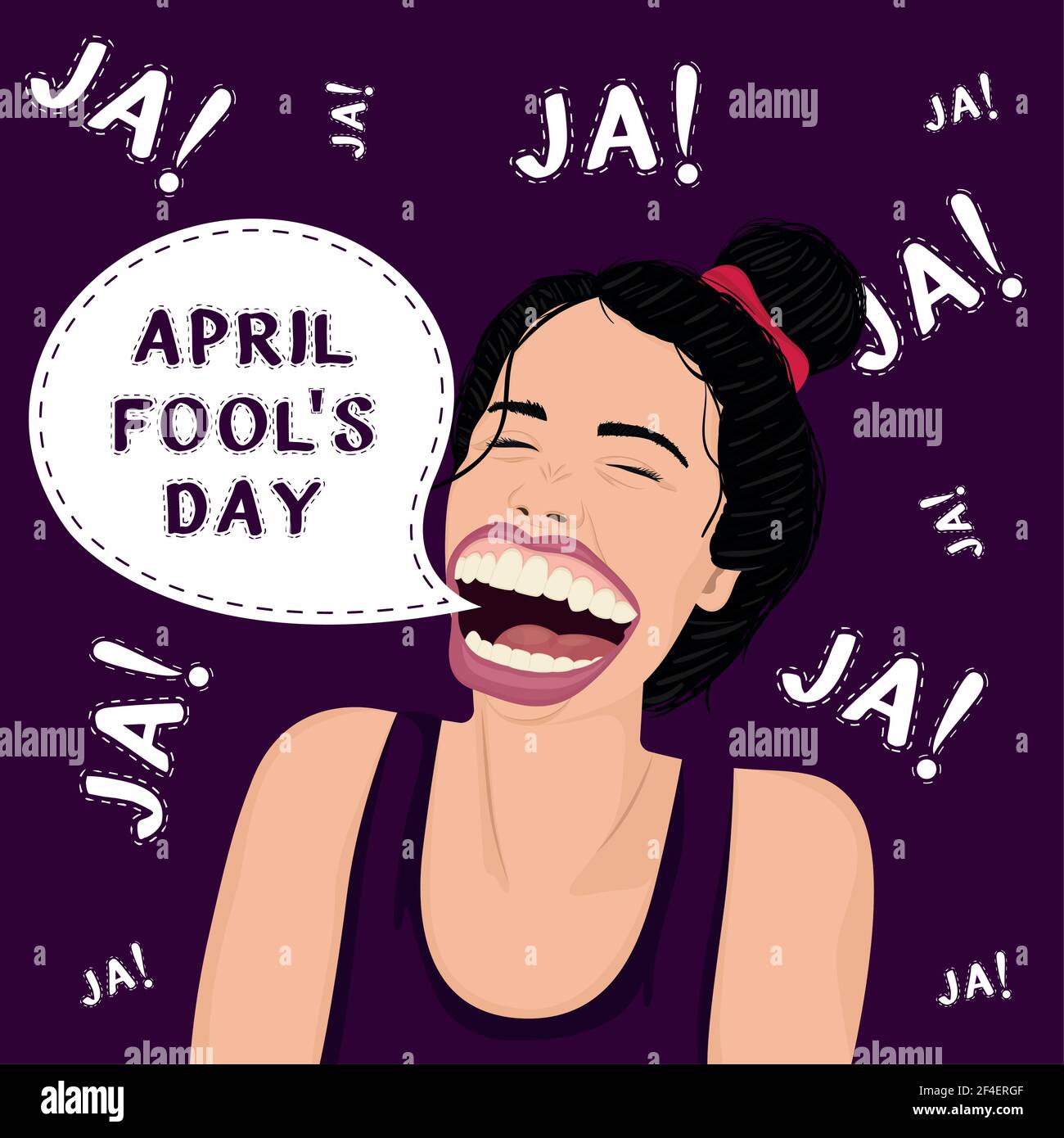 Cartel del día del tonto de abril. Mujer riendo estilo pop ruidoso - Vector Ilustración del Vector