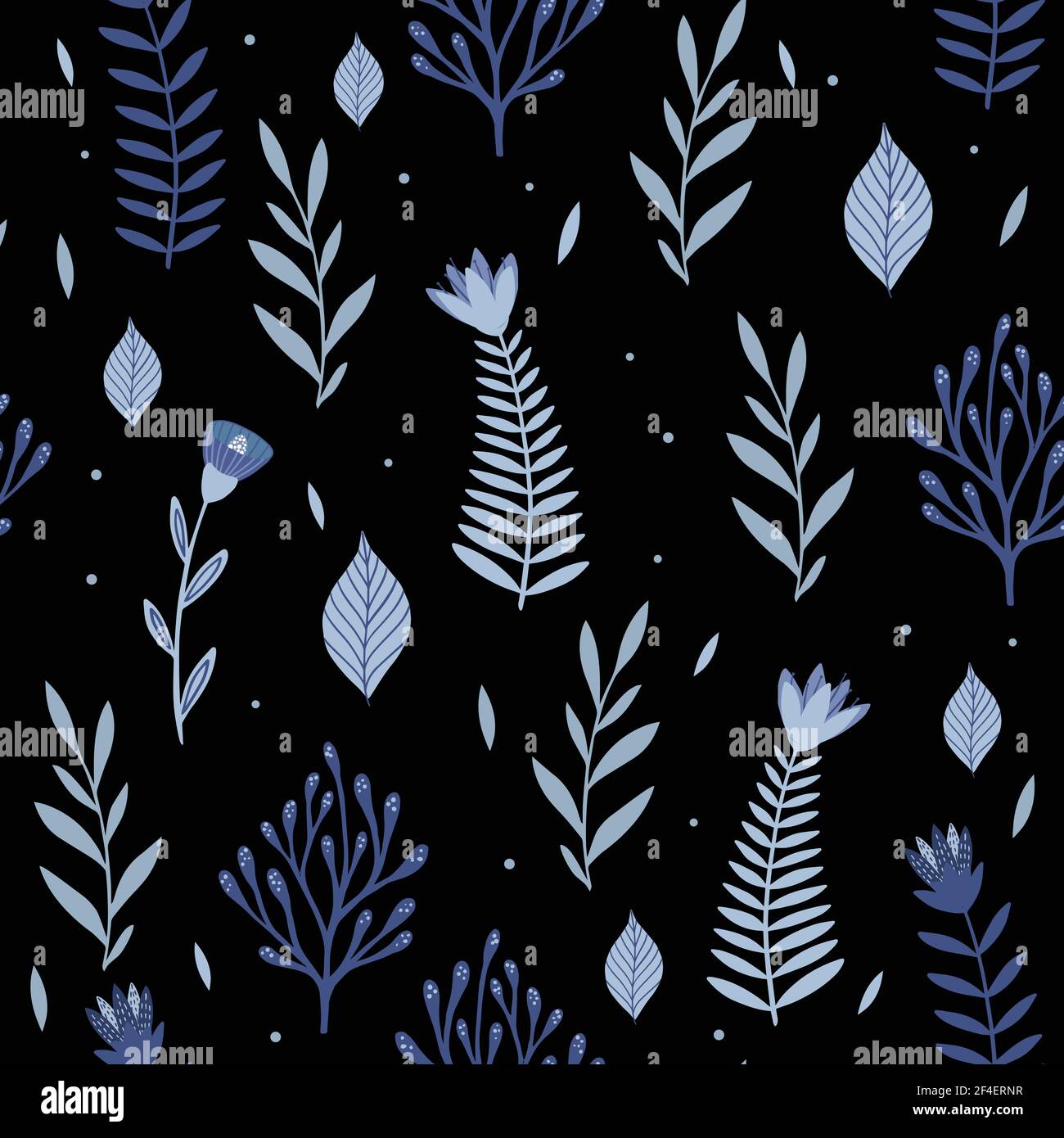 Patrón sin costuras con flores y hojas azules. Textura floral