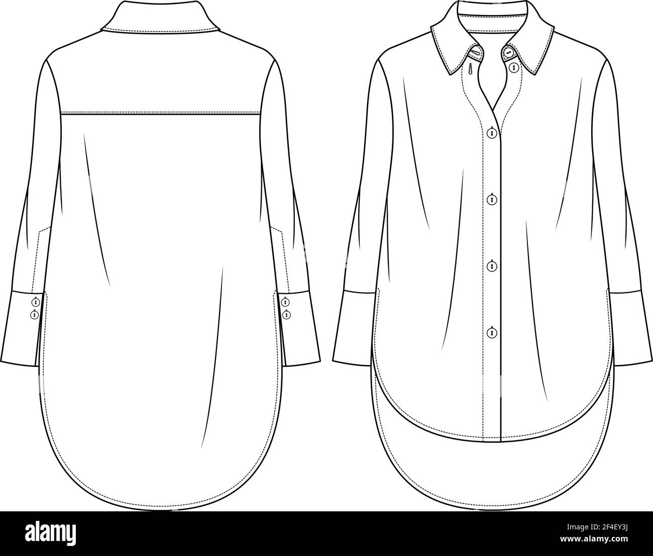 Mujer High Low Blusa diseño plano de moda. Ilustración técnica de moda.  Manguitos anchos Imagen Vector de stock - Alamy