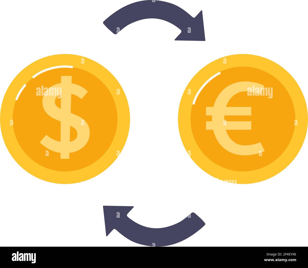 Cambio de dólar por euro. Monedas de oro y flechas entre... Cambio de moneda. Ilustración vectorial en estilo plano, aislada Ilustración del Vector