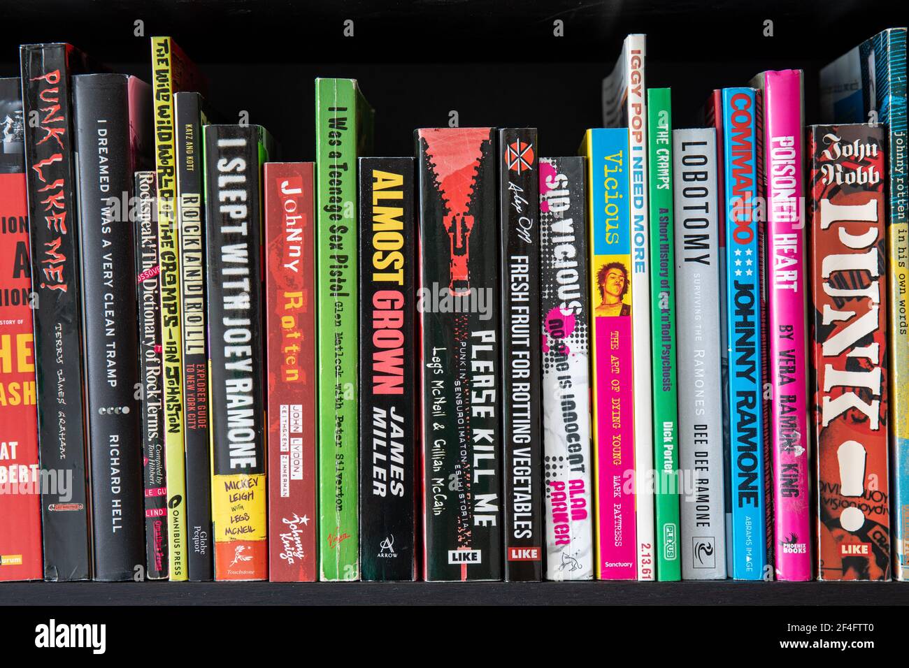 Fila de libros sobre rock and roll music, principalmente punk rock Foto de stock
