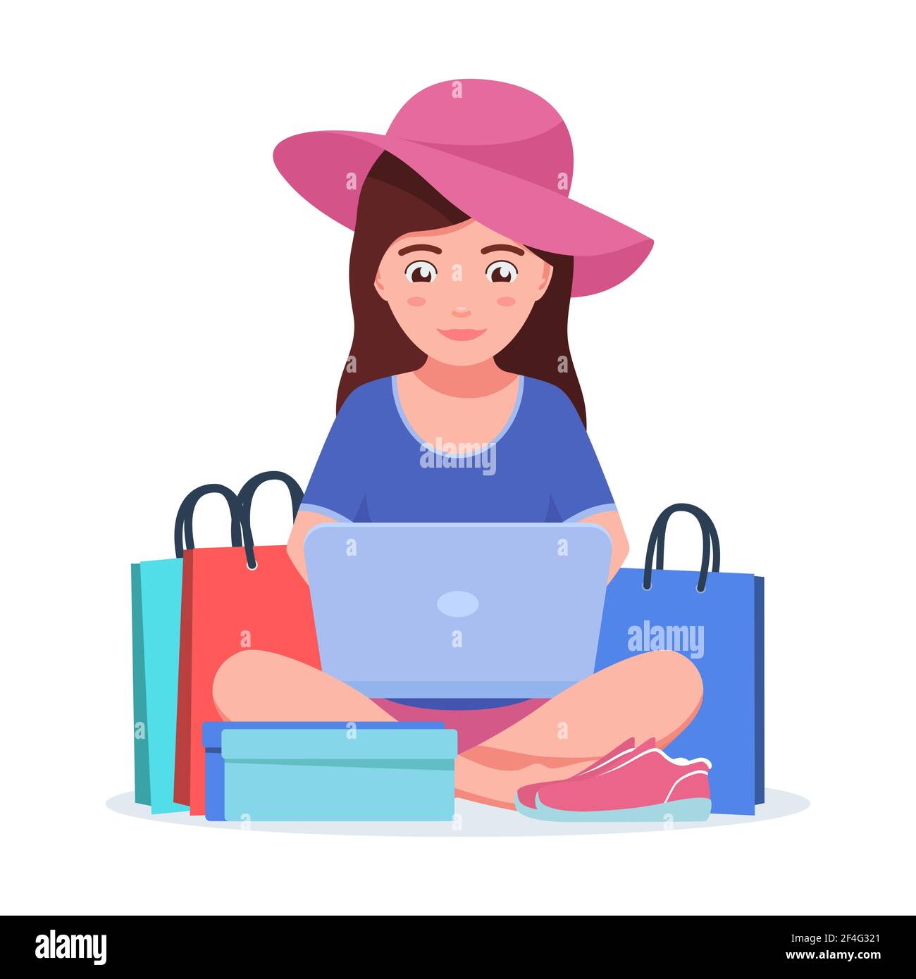 Chica con un portátil está haciendo compras en línea en Internet. Vector ilustración joven hermosa chica feliz sentada con un portátil y varias compras, iso Ilustración del Vector