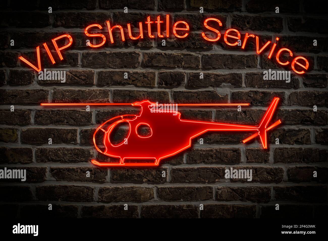 Leuchtreklame für eine VIP Shuttle Service, ein Hubschrauber befindet sich unterhalb der Neon-Schrift | Anuncio iluminado para un VIP Shuttle se Foto de stock