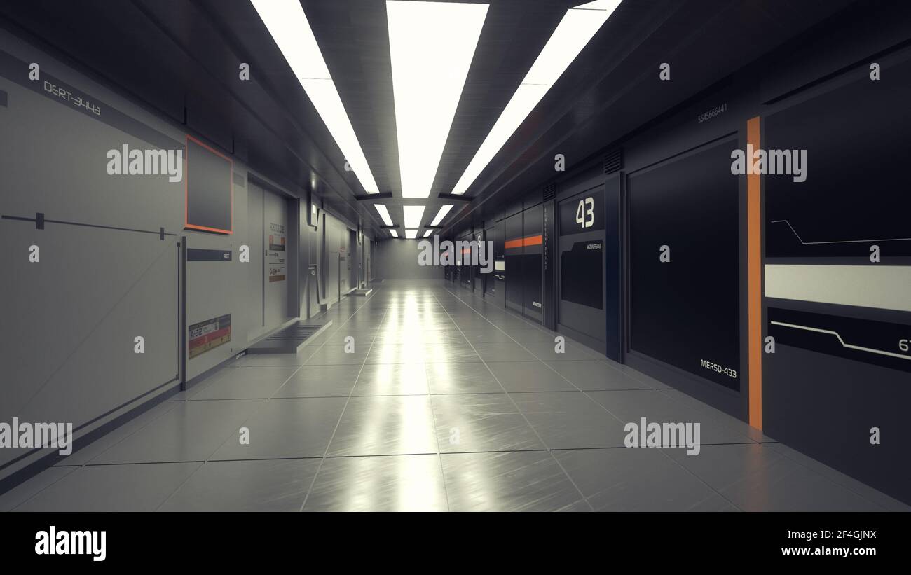renderizar en 3d. Pasillo futurista. Concepto de arquitectura moderna y nave espacial interior Foto de stock