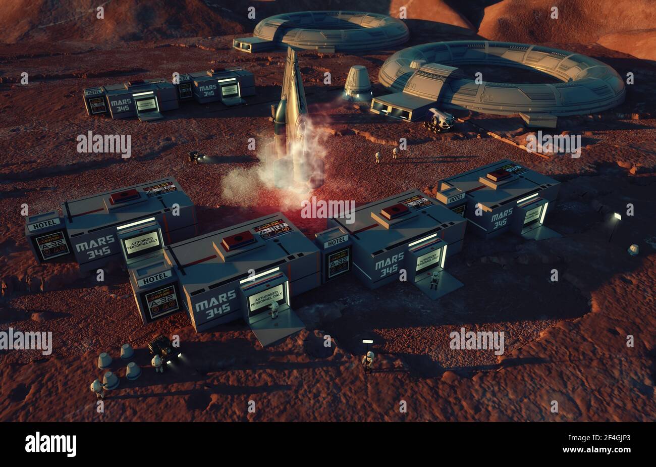 3d render. Colonia de seres humanos en un planeta Foto de stock